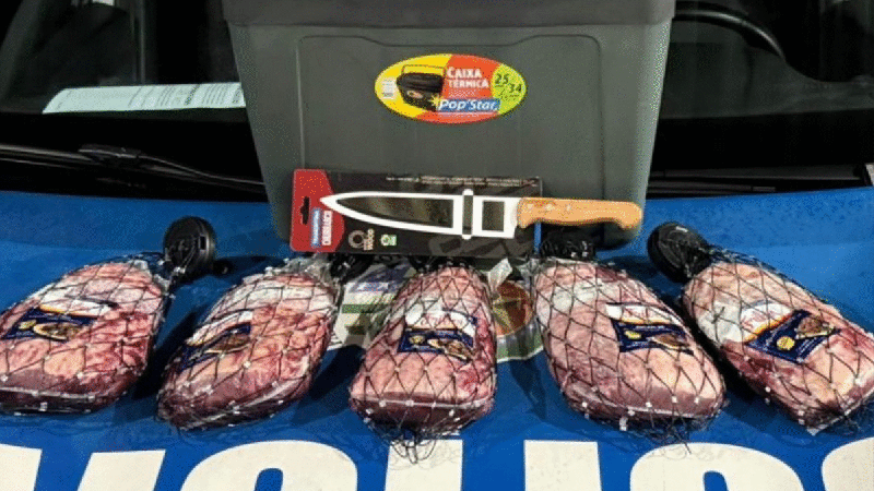 Homem é preso após furtar 5 peças de picanha, faca e caixa térmica de supermercado em Goiânia