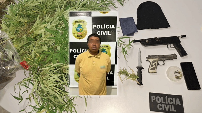 PCGO prende suspeito de roubos em pontos de ônibus e apreende arma artesanal e drogas em Santo Antônio do Descoberto