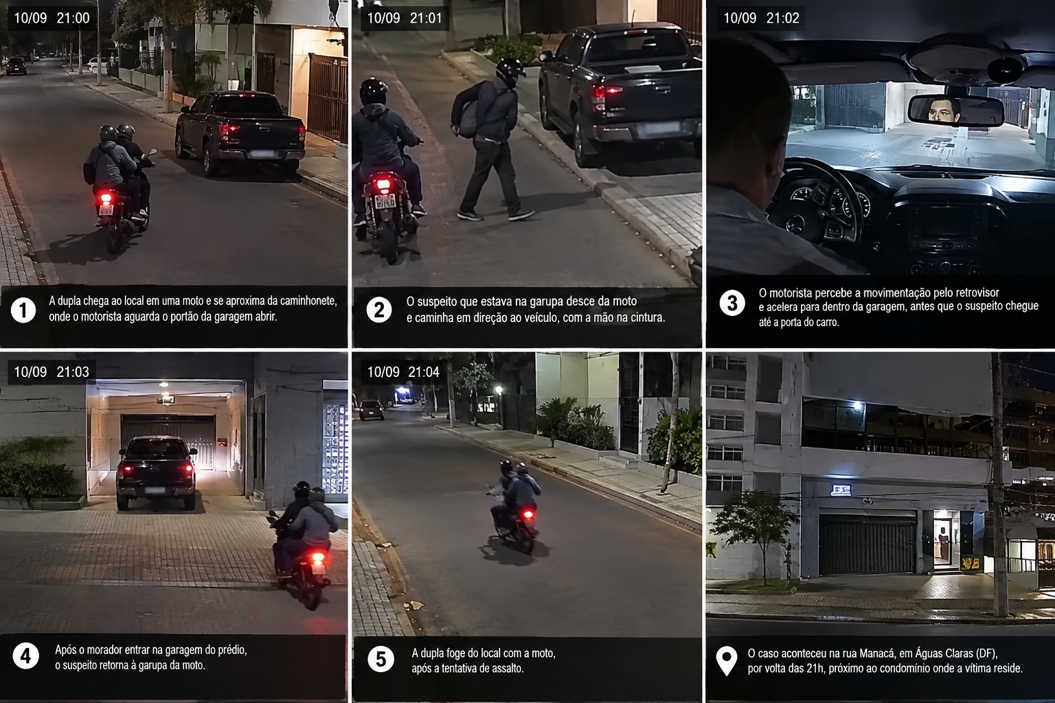 Dupla tenta assaltar motorista em Águas Claras, e vítima foge para garagem.